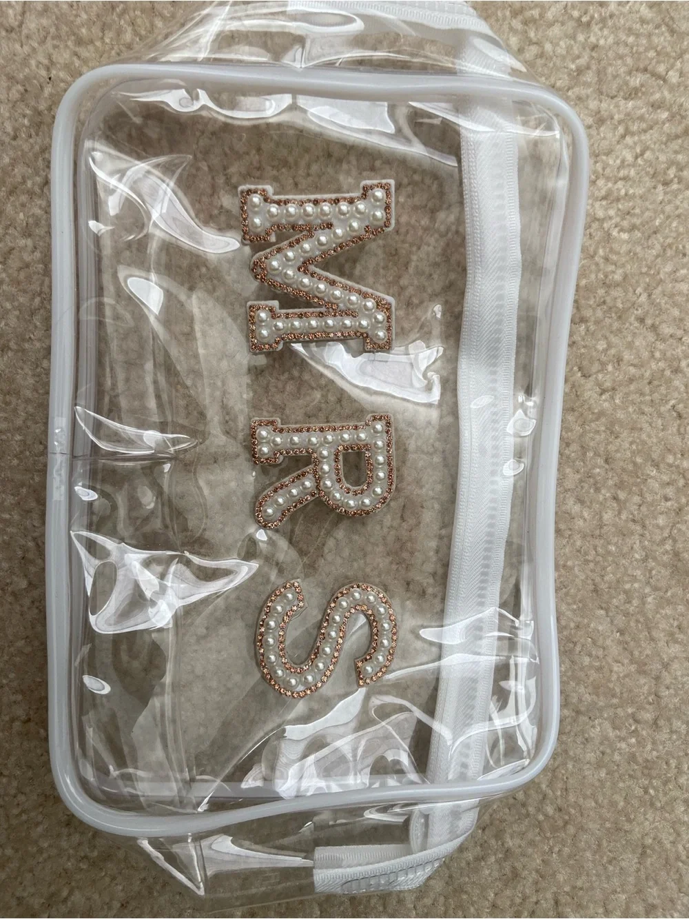 Mrs. Clear Cosmetic Bag with Pearl & Rose Gold Detail